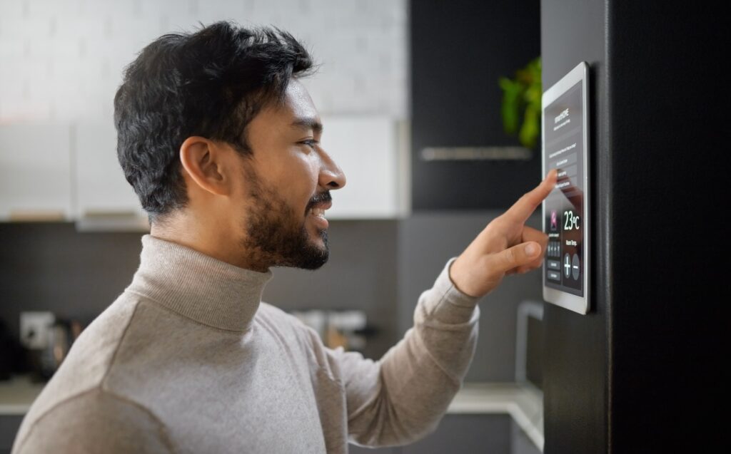 Smart home technology, wall system and man with digital ui monitor for thermostat heating, safety s